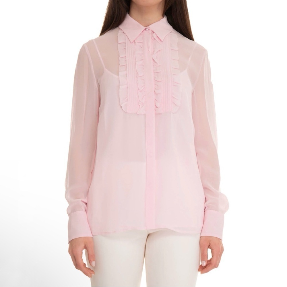 Max Mara Studio Narvik Tuxedo Shirt Sheer Silk Georgette Ruffle Neck Pink US 6
